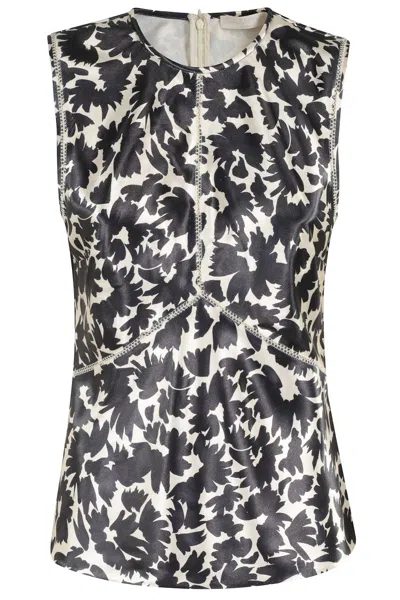 Ulla Johnson Floral Satin Top With Diagonal Stitching In Black