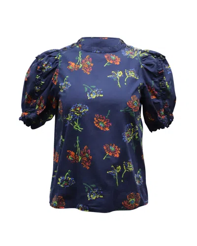 Ulla Johnson Floral Top With Puff Sleeves In Navy Blue Cotton