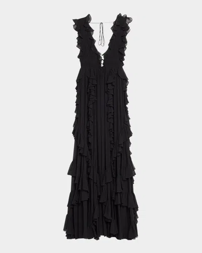 Ulla Johnson Florella Ruffled Silk Gown In Noir