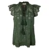 ULLA JOHNSON FLUTTER SLEEVE TOP IN GREEN COTTON
