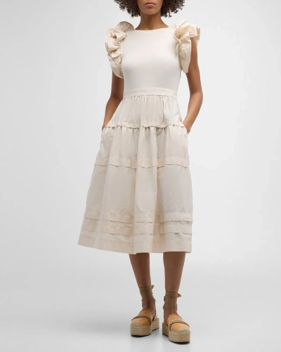 Ulla Johnson Francine Ruffle-sleeve Combo Midi Dress In Ivory