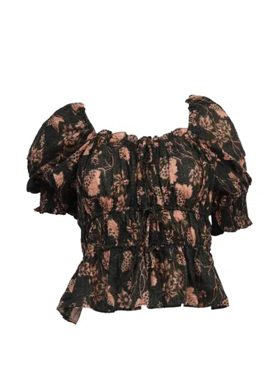 Pre-owned Ulla Johnson Gathered Printed Blouse In Black