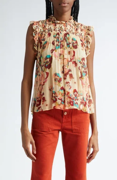 Ulla Johnson Georgina Floral Sleeveless Plissé Silk Top In Brown