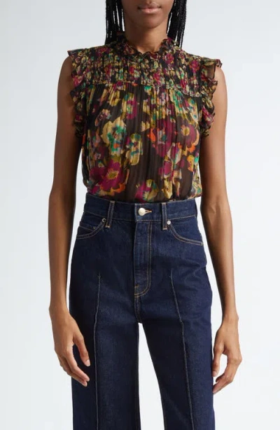 Ulla Johnson Georgina Floral Sleeveless Plissé Silk Top In Cosmic