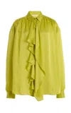 Ulla Johnson Gesture Ruffle-front Silk Blouse In Green