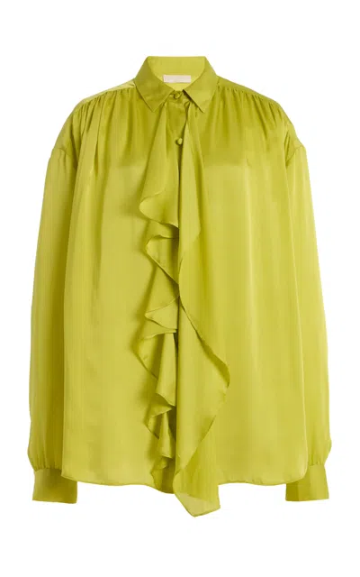 Ulla Johnson Gesture Ruffle-front Silk Blouse In Green