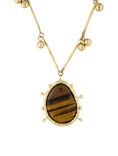 Pre-owned Ulla Johnson Hammered Tiger's Eye Pendant Necklace, 25.25" In Brown