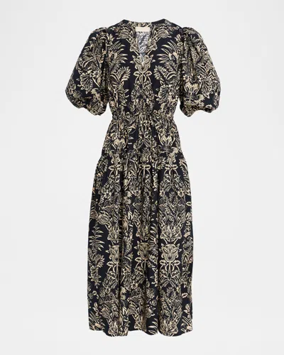 Ulla Johnson Harriet Floral Poplin Puff-sleeve Midi Dress In Black