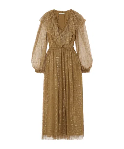 Ulla Johnson Helena Ruffled Metallic Lace Midi Dress In Brown