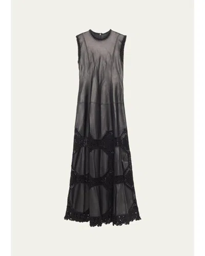 Ulla Johnson Ilana Sleeveless Crochet Knit & Leather Midi Dress In Black