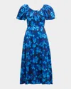 Ulla Johnson Imara Floral Short-sleeve Midi Dress In Azure