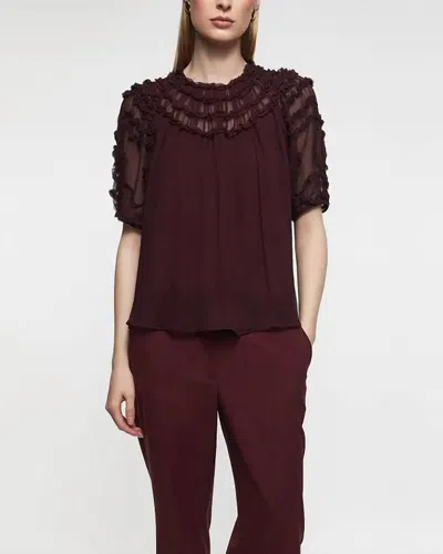 Ulla Johnson Isolda Silk Smocked Short Sleeve Blouse In Mahogany In Brown