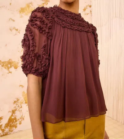 Ulla Johnson Isolda Silk Smocked Short Sleeve Blouse In Mahogany In Burgundy