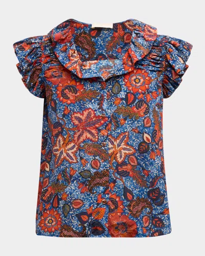 ULLA JOHNSON IVETTE FLORAL-PRINT RUFFLE SILK TOP