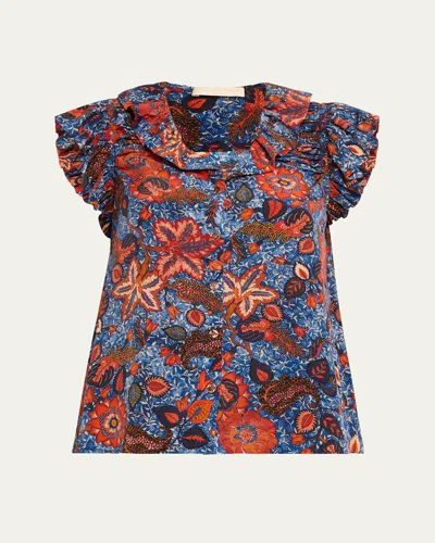 ULLA JOHNSON IVETTE FLORAL-PRINT RUFFLE SILK TOP