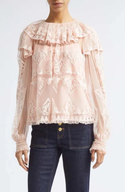 Ulla Johnson Ivy Floral Lace Embroidered Ruffle Tulle Top In Pink
