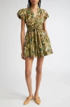 Ulla Johnson Izel Paisley-print Cotton Puff-sleeve Tie-waist Mini Dress In Green