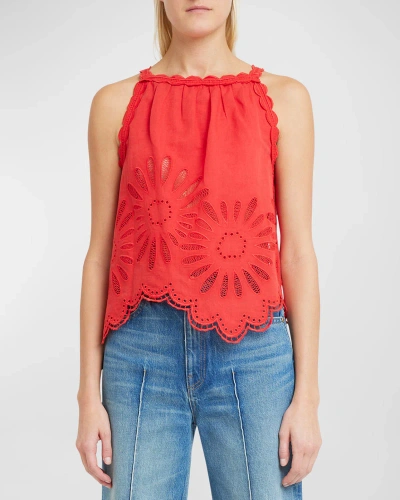 Ulla Johnson Jolie Floral Embroidered Linen Cotton Halter Top In Poppy