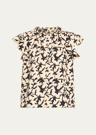 Ulla Johnson Julia Topstitched Ruffle-sleeve Top In Moonstone