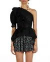 ULLA JOHNSON JULIANNA LACE ONE SHOULDER PUFFED SLEEVE PEPLUM BLOUSE IN SOLID BLACK
