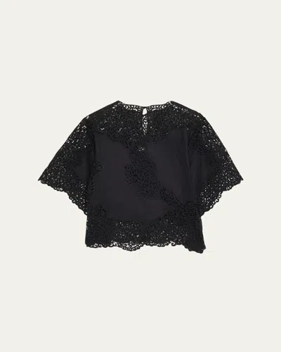 Ulla Johnson Kadene Short-sleeve Cutwork Lace Blouse In Black