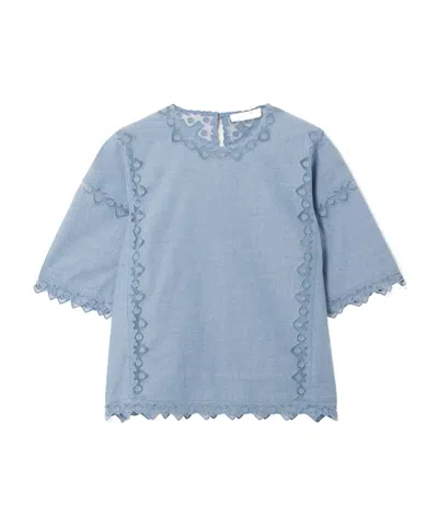 Ulla Johnson Kai Embroidered Tulle-trimmed Cotton-chambray Blouse In Blue