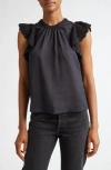 Ulla Johnson Kai Ruffled Crochet-sleeve Top In Noir