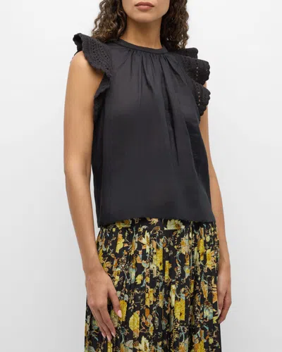 Ulla Johnson Kai Ruffled Crochet-sleeve Top In Noir