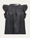 Ulla Johnson Kai Ruffled Crochet-sleeve Top In Noir