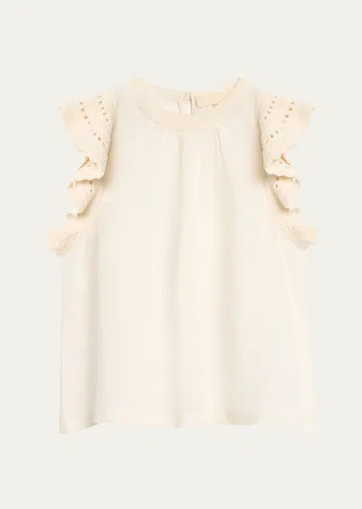 Ulla Johnson Kai Ruffled Crochet-sleeve Top In Neutral