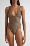 Ulla Johnson Kaia Plunge Neck One-piece Swimsuit In Brown