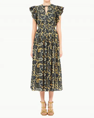 ULLA JOHNSON KAIRI FLUTTER SLEEVE MIDI DRESS IN LUNA