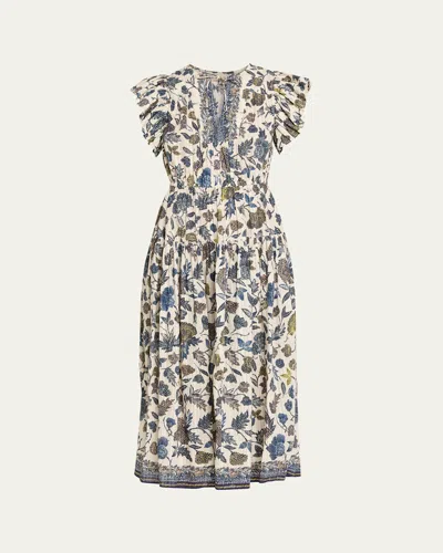 Ulla Johnson Kairi Printed Flutter-sleeve Midi Dress In Multi
