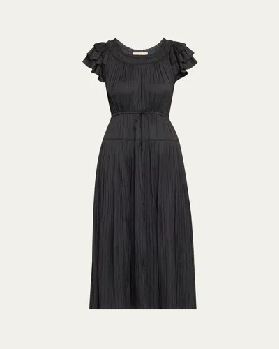 Ulla Johnson Kalesta Pleated Ruffle Mini Dress In Noir