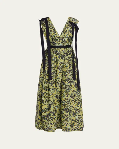 Ulla Johnson Karina Sleeveless Floral Cotton Bow Midi Dress In Green
