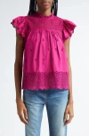 Ulla Johnson Kassi Ruffle-sleeve Embroidered Cotton Top In Ruby