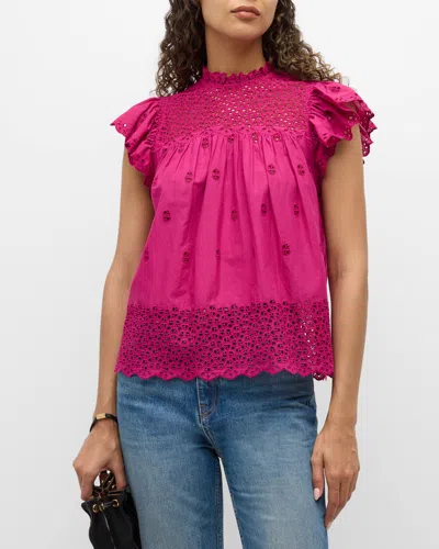 Ulla Johnson Kassi Ruffle-sleeve Embroidered Cotton Top In Ruby