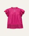 Ulla Johnson Kassi Ruffle-sleeve Embroidered Cotton Top In Ruby