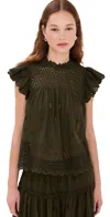 Ulla Johnson Kassi Ruffled Broderie Anglaise Cotton Top In Militaire
