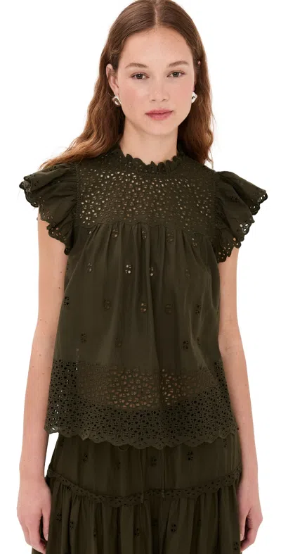 Ulla Johnson Kassi Ruffled Broderie Anglaise Cotton Top In Militaire
