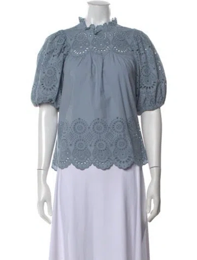 Pre-owned Ulla Johnson Lace Pattern Short Sleeve Blouse In Blue