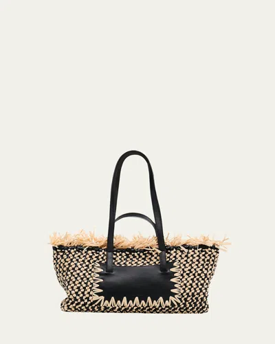 Ulla Johnson Lali Small Fringed Woven Raffia Tote Bag In Black