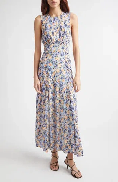 Ulla Johnson Lana Floral Print Ruched Sleeveless Maxi Dress In Blue