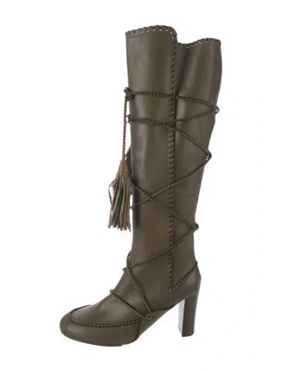 Pre-owned Ulla Johnson Leather Whipstitch Trim Boots In Green