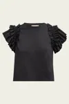 Ulla Johnson Leia Top In Noir In Chiffon Ruffles On The Shoulders