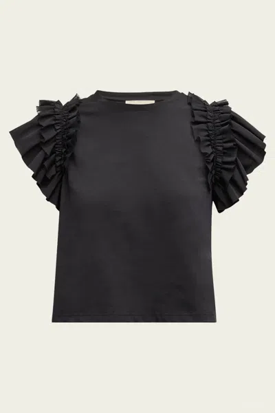 Ulla Johnson Leia Top In Noir In Chiffon Ruffles On The Shoulders