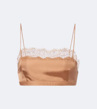 Ulla Johnson Leiko Lace-trimmed Silk Twill Crop Top In Brown