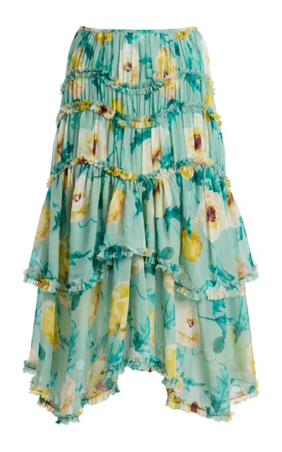 Ulla Johnson Lenore Silk Tiered Midi Skirt In Green