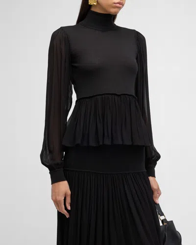 Ulla Johnson Liana Sheer-sleeve Wool And Silk Combo Turtleneck Top In Noir