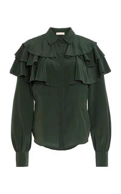 Ulla Johnson Liliana Ruffled Silk Top In Dark Green